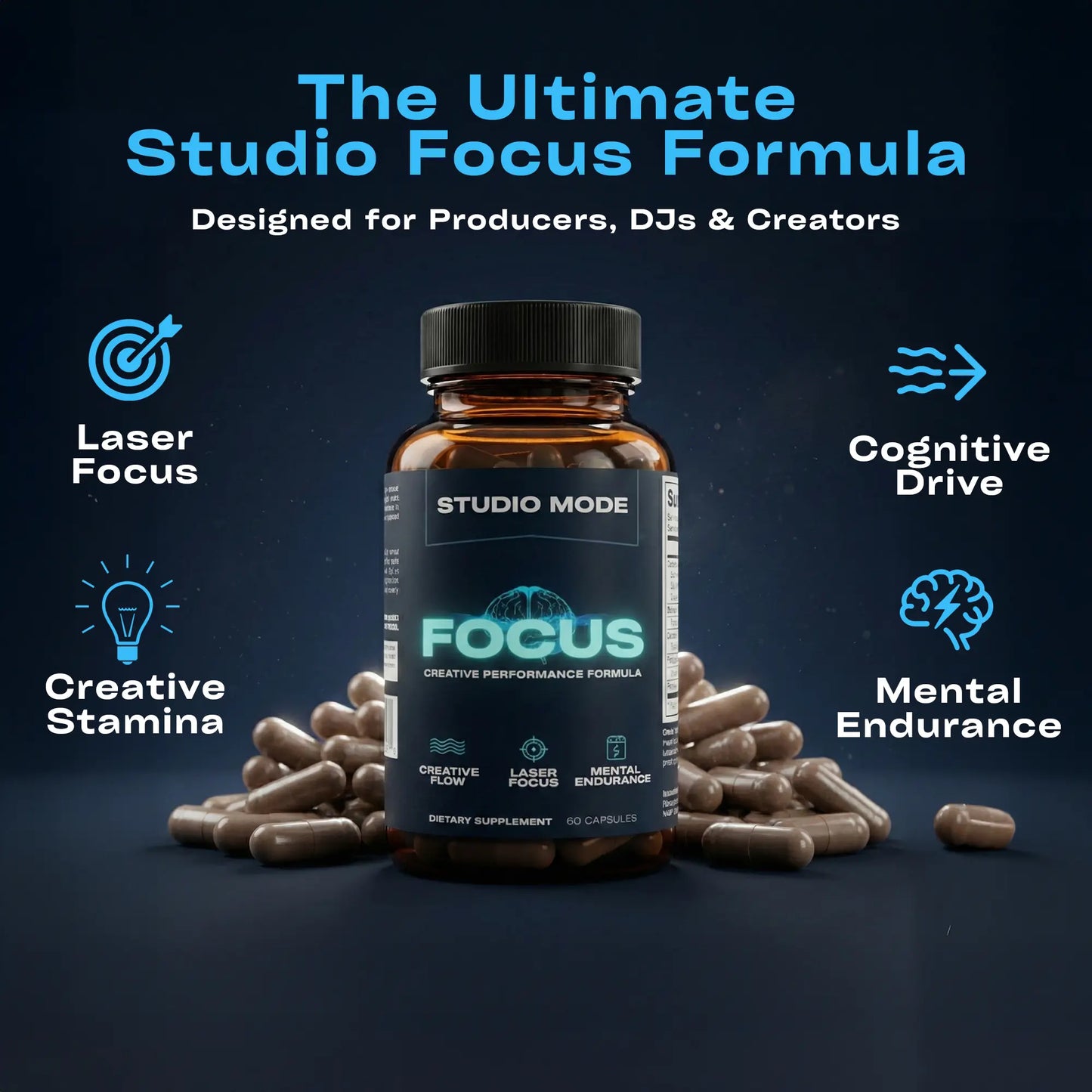 Studio Mode Focus dietary supplement bottle with capsules on a dark background