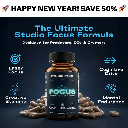Studio Mode Focus dietary supplement bottle with capsules on a dark background