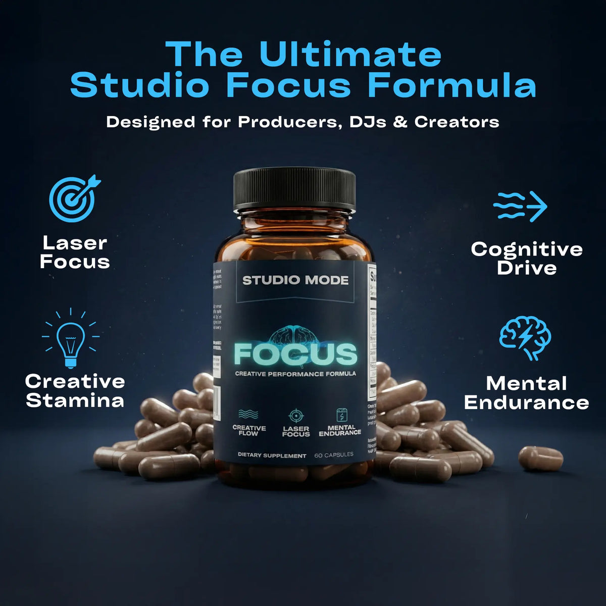 Studio Mode Focus dietary supplement bottle with capsules on a dark background