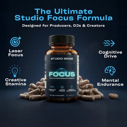 Studio Mode Focus dietary supplement bottle with capsules on a dark background