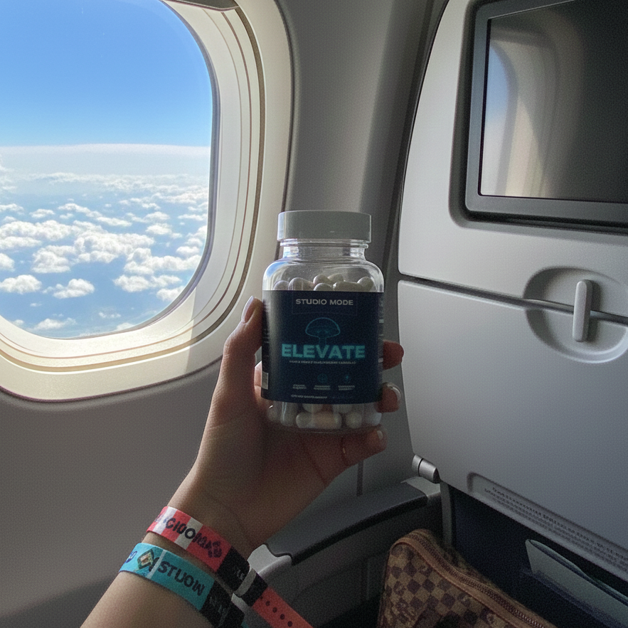 Hand holding a bottle labeled 'Elevate' near an airplane window with a view of clouds.