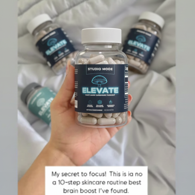 Person holding a bottle of 'Elevate' supplements with other supplement bottles in the background.