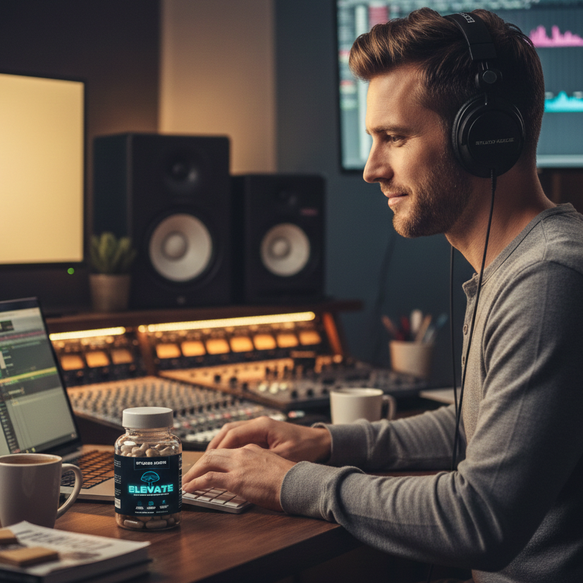 Person in a home studio with headphones and a computer, surrounded by music production equipment.