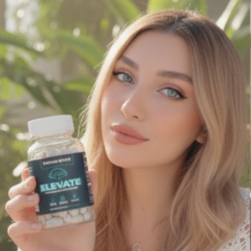 blonde woman holding a bottle of elevate lion's mane supplements in her hand, on a green background